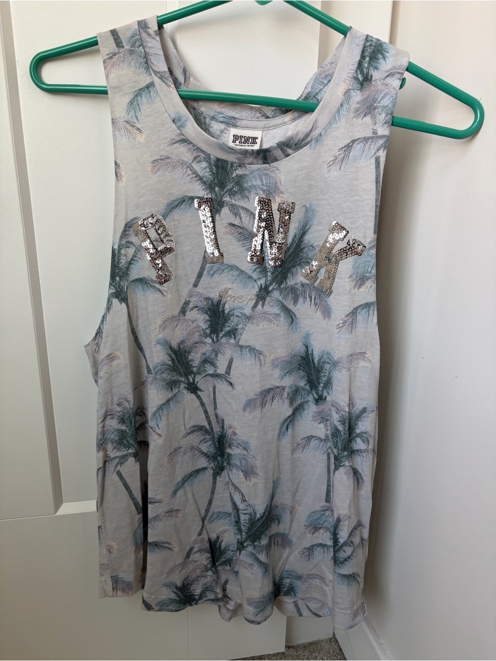 PINK Victoria's Secret Sequin Logo Tank - Light Gray & Blue